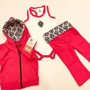 Yoga Sprout Hoodie, Racer-pack Bodysuit, Yoga pants set 6-9 NWT